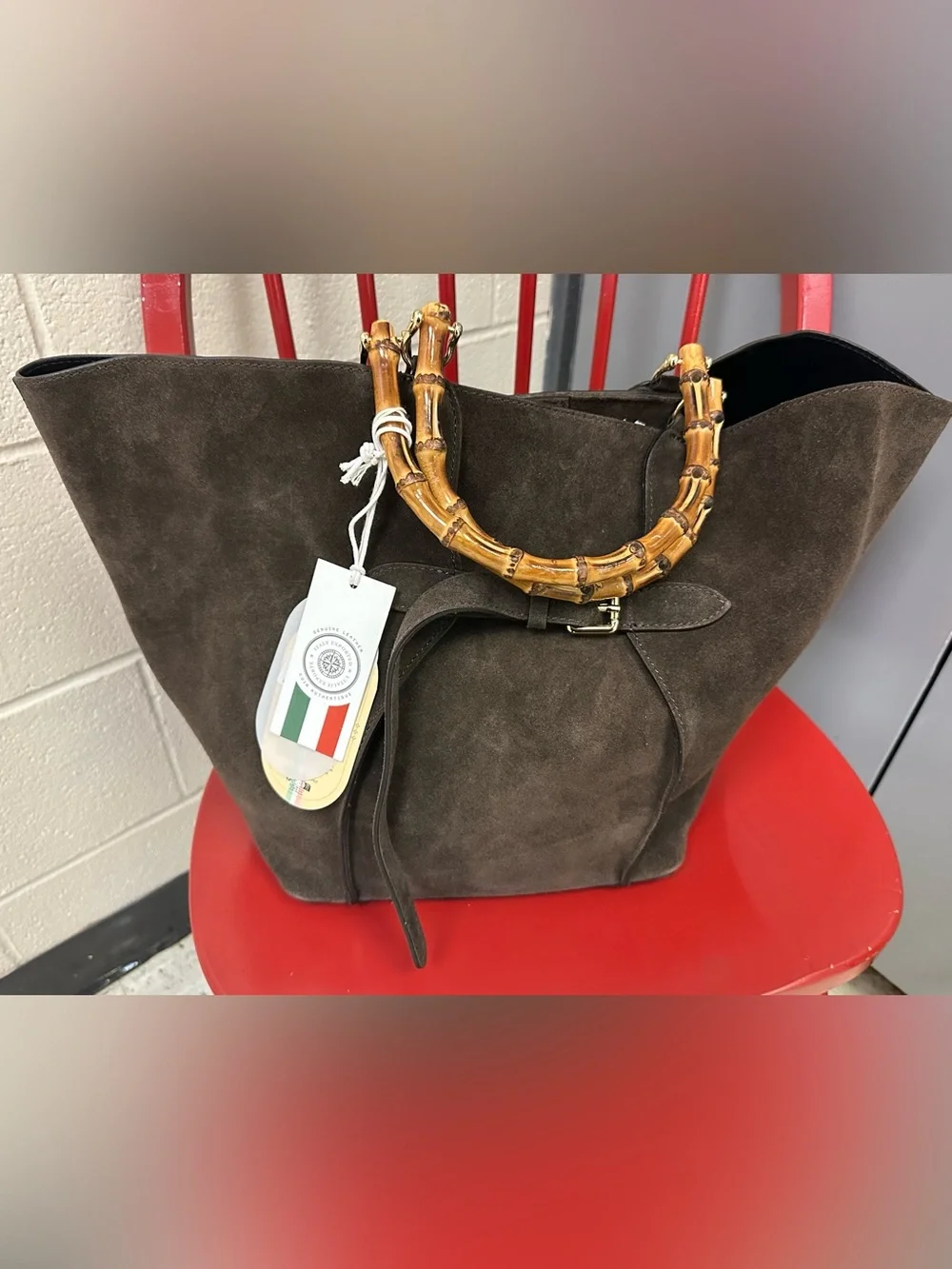 Viola Castellani Suede Tote Bag with Bamboo Handles - Brown